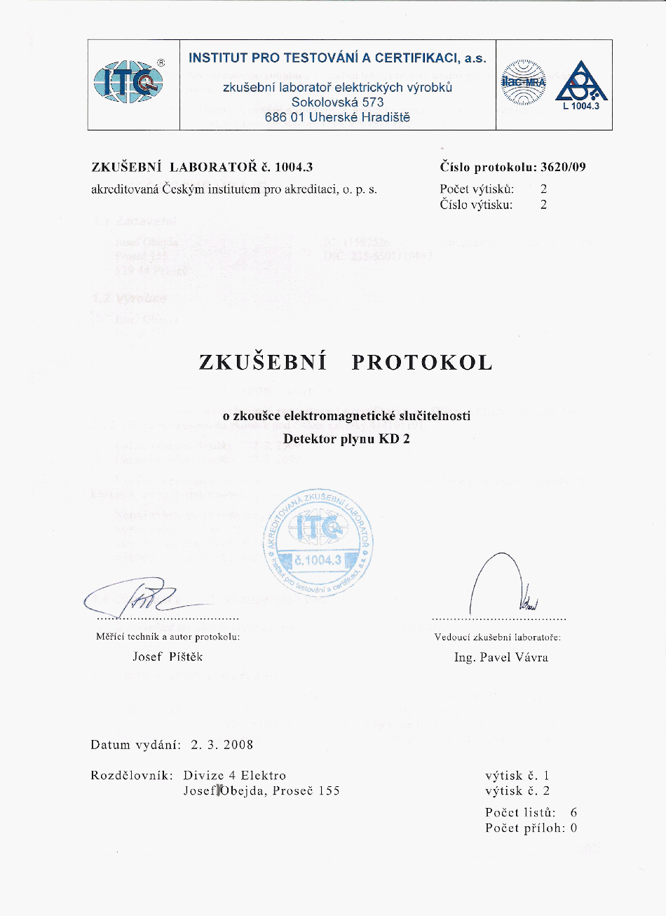 certifikát detektoru KD2